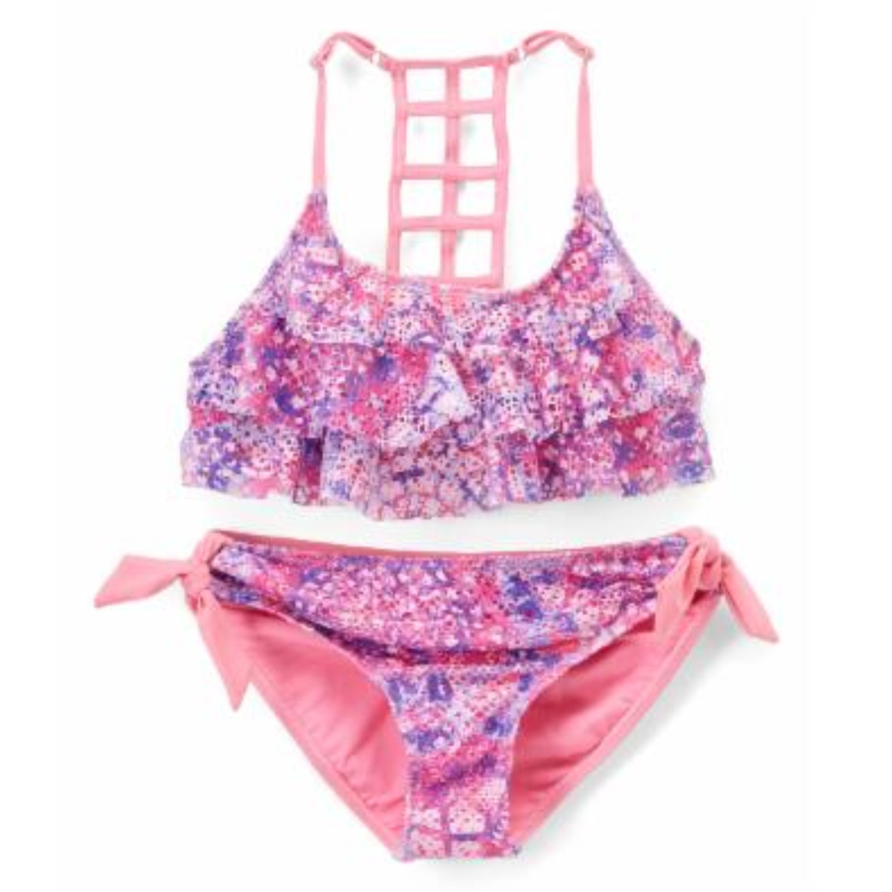 YMI Girls Pink Floral Ladder-Back Bikini Top & Bottoms Pink Combo Size 14
